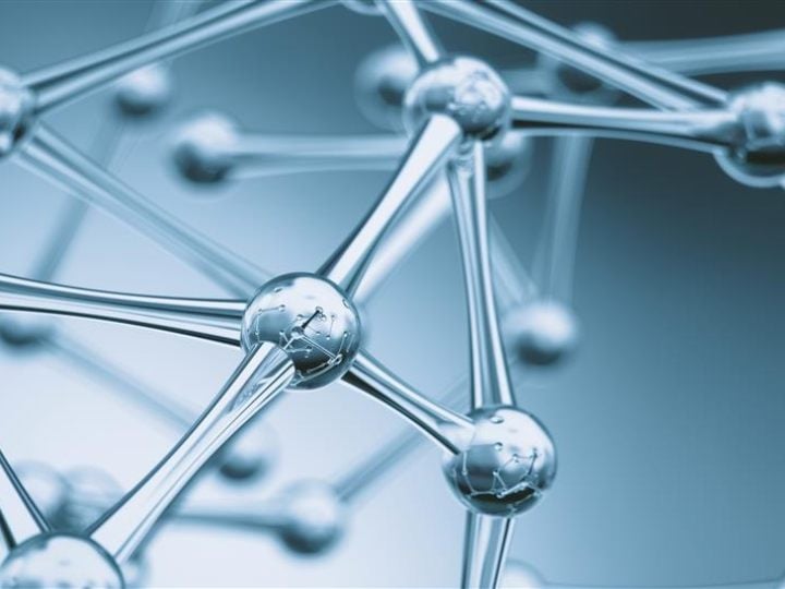 A plastic structure of connected balls and rods resembling a molecule