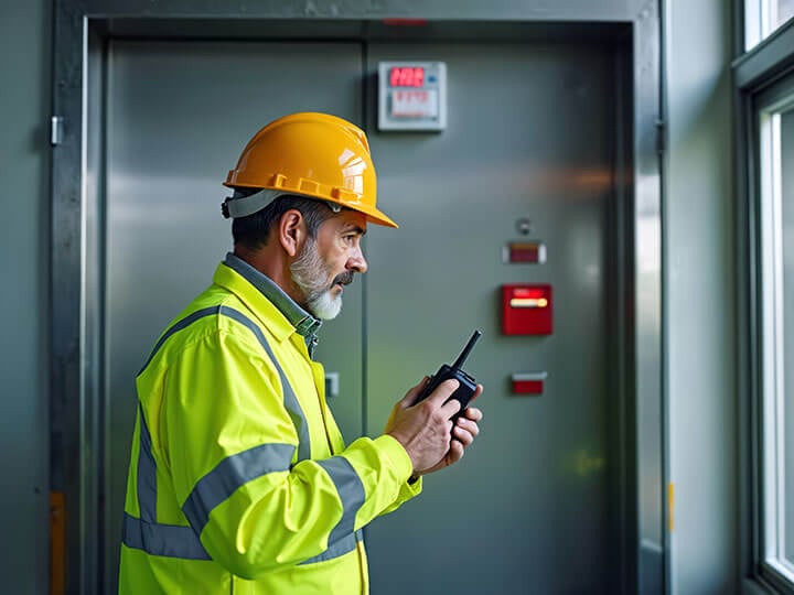 Adult man with white beard and wearing a yellow safety jacket with hardhat helmet checking fire alarm emergency system while talking on portable emergency radio