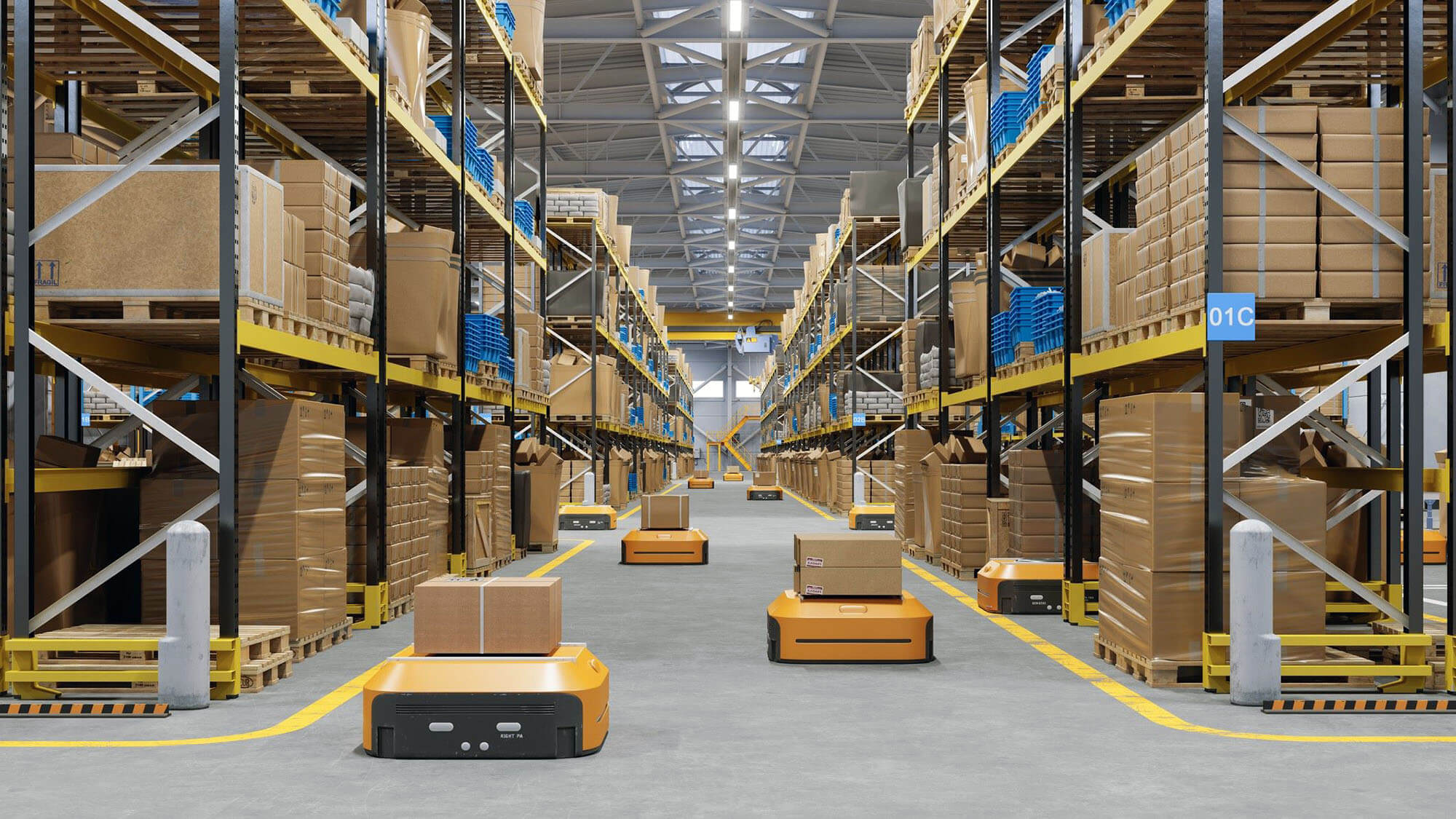 Automated Warehouse with Robots Transporting Boxes