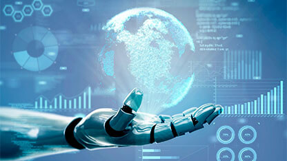 Robot hand showing hologram digital earth and analytics data