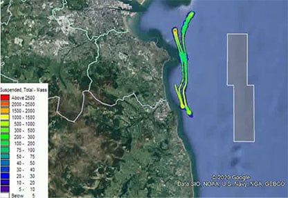 computer generated model showing water sediment along a coastline